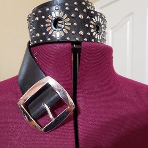 Black Studded Belt with Flower Designs